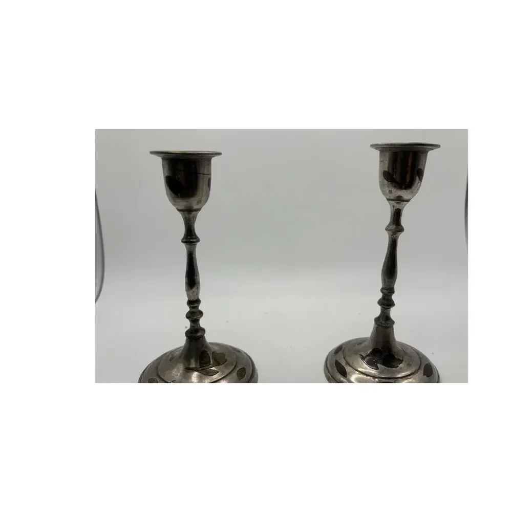 Vintage Pair Silverplate Candlesticks Brass Copper Inlay Made in India 7 in Boho